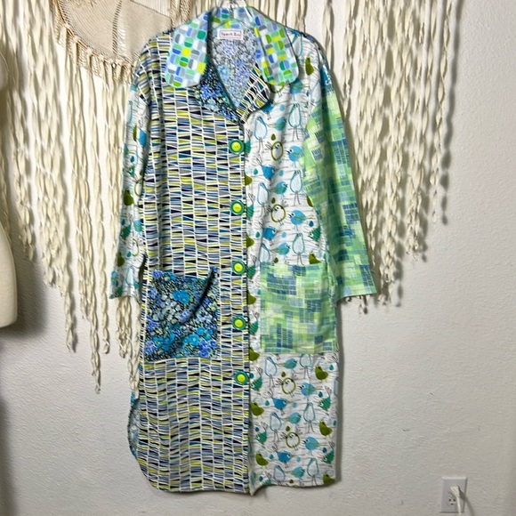 Tessuti Zoo Handmade in Pacific Grove CA Colorful Bird Flannel House Coat Small - Picture 1 of 7